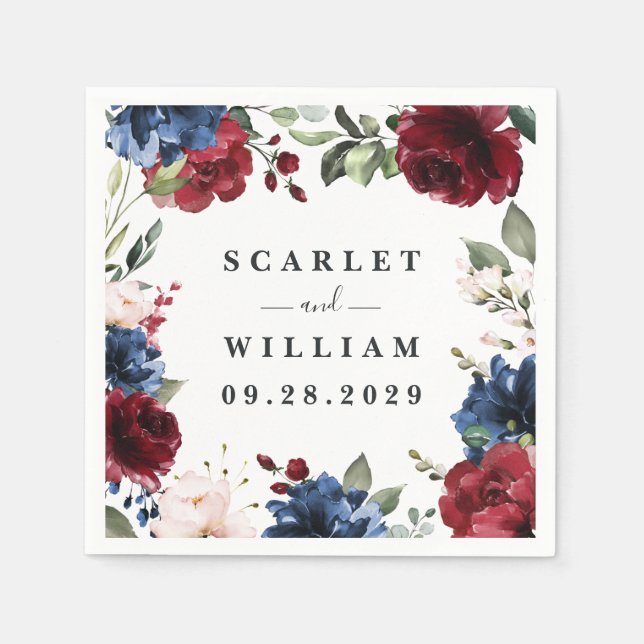 Navy Blue and Burgundy Blush Pink Floral Wedding Napkin (Front)