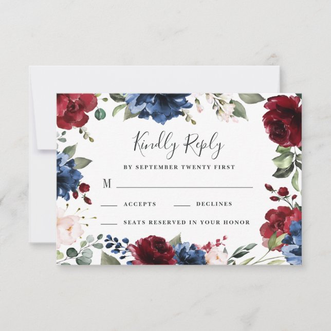 Navy Blue and Burgundy Blush Pink Floral Wedding RSVP Card (Front)