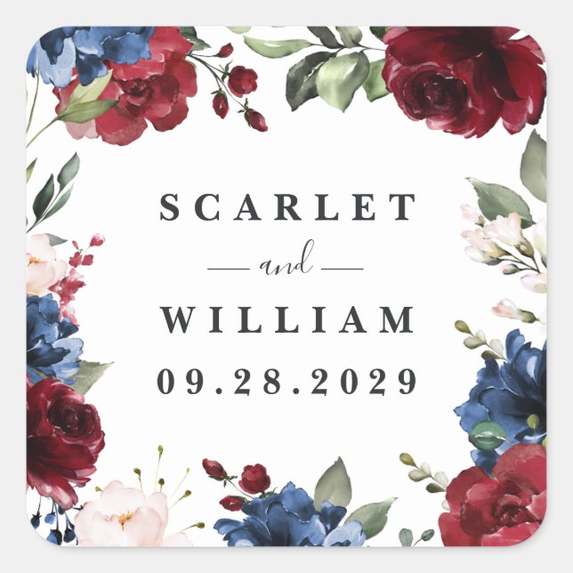 Navy Blue and Burgundy Blush Pink Floral Wedding Square Sticker (Front)