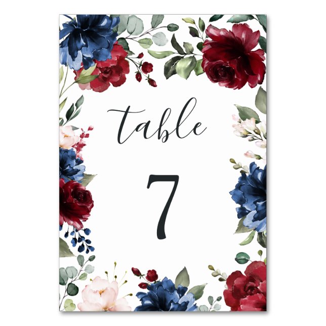 Navy Blue and Burgundy Blush Pink Floral Wedding Table Number (Front)