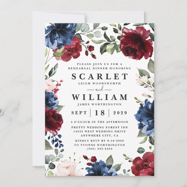 Navy Blue and Burgundy Blush Pink Rehearsal Dinner Invitation (Front)