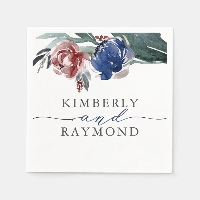 Navy Blue and Burgundy Elegant Floral Wedding Napkin (Front)