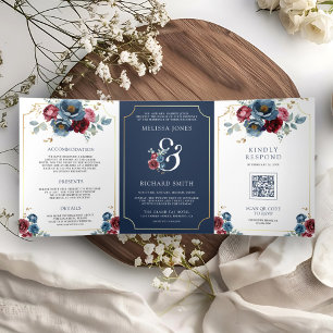 Navy Blue and Burgundy Floral Ampersand Wedding Tri-Fold Invitation