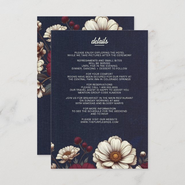 Navy Blue and Burgundy Floral Wedding Enclosure Card (Front/Back)