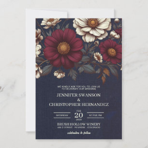 Navy Blue and Burgundy Floral Wedding Invitation