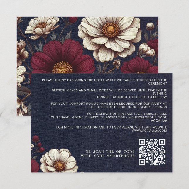 Navy Blue and Burgundy Floral Wedding QR Code Enclosure Card (Front/Back)