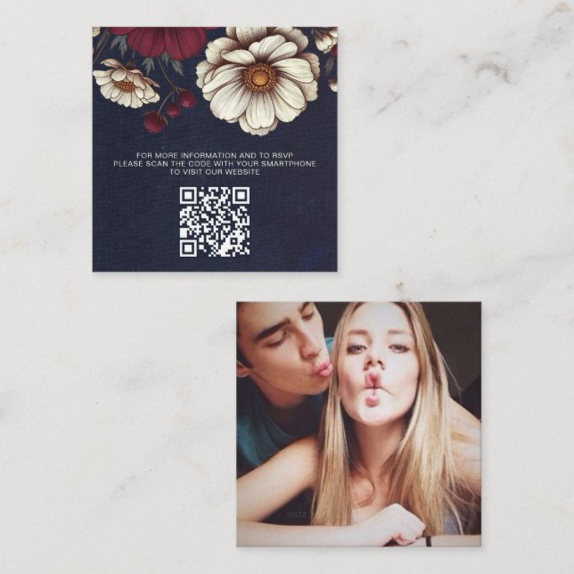 Navy Blue and Burgundy Floral Wedding QR Code Enclosure Card (Front/Back)