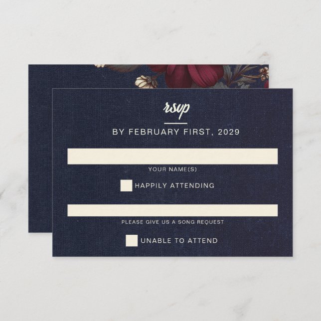 Navy Blue and Burgundy Floral Wedding RSVP Card (Front/Back)
