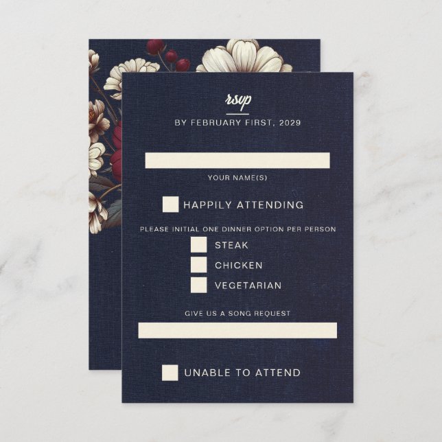 Navy Blue and Burgundy Floral Wedding RSVP Card (Front/Back)