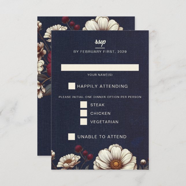 Navy Blue and Burgundy Floral Wedding RSVP Card (Front/Back)