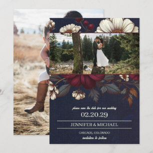 Navy Blue and Burgundy Floral Wedding Save The Date