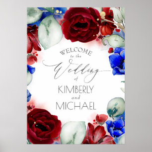 Navy Blue and Burgundy Floral Wedding Welcome Poster