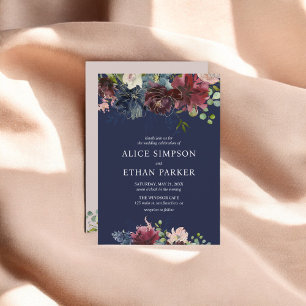 Navy Blue And Burgundy Flowers Wedding Invitation