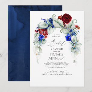 Navy Blue and Burgundy Red Floral Bridal Shower Invitation