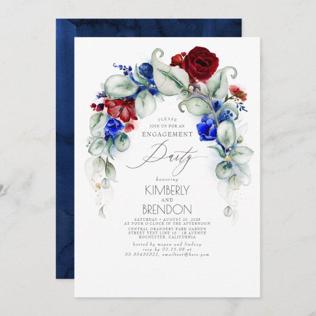 Navy Blue and Burgundy Red Floral Engagement Party Invitation (Front/Back)