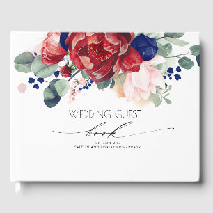 Navy Blue and Burgundy Red Floral Wedding Guest Book
