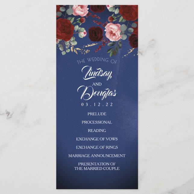 Navy Blue and Burgundy Red Floral Wedding Programs (Front)