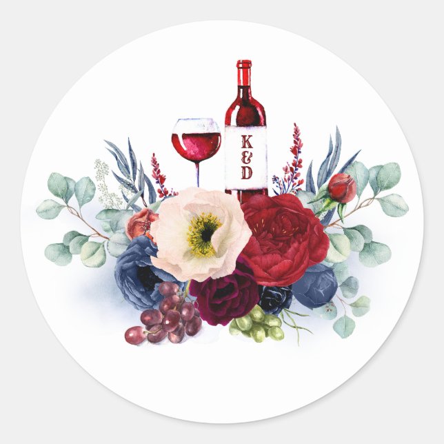 Navy Blue and Burgundy Red Floral Wine Wedding Classic Round Sticker (Front)