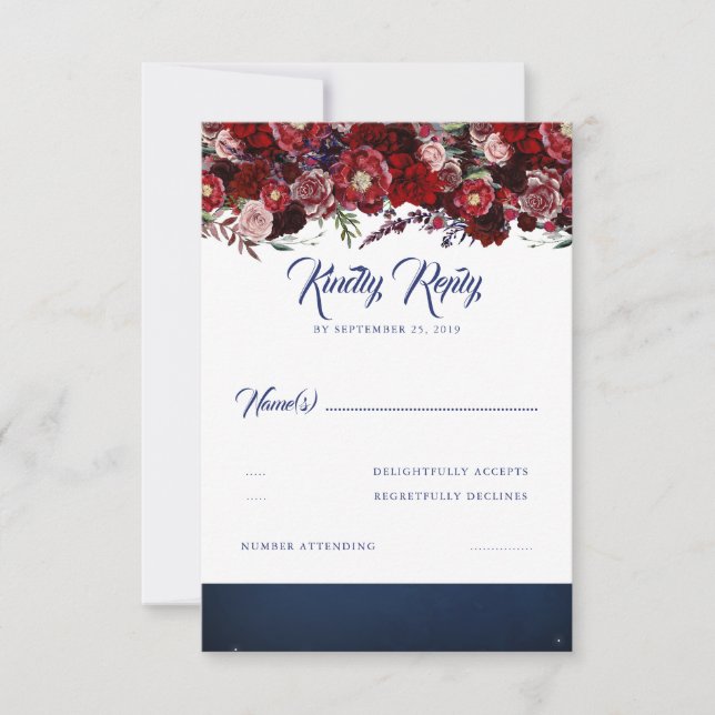 Navy Blue and Burgundy Red Wedding RSVP (Front)