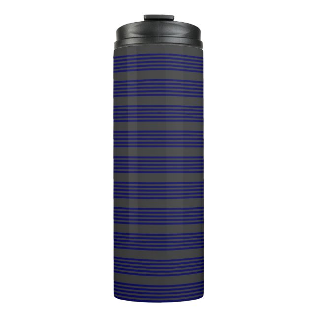 Navy blue and charcoal five stripes pattern thermal tumbler (Front)