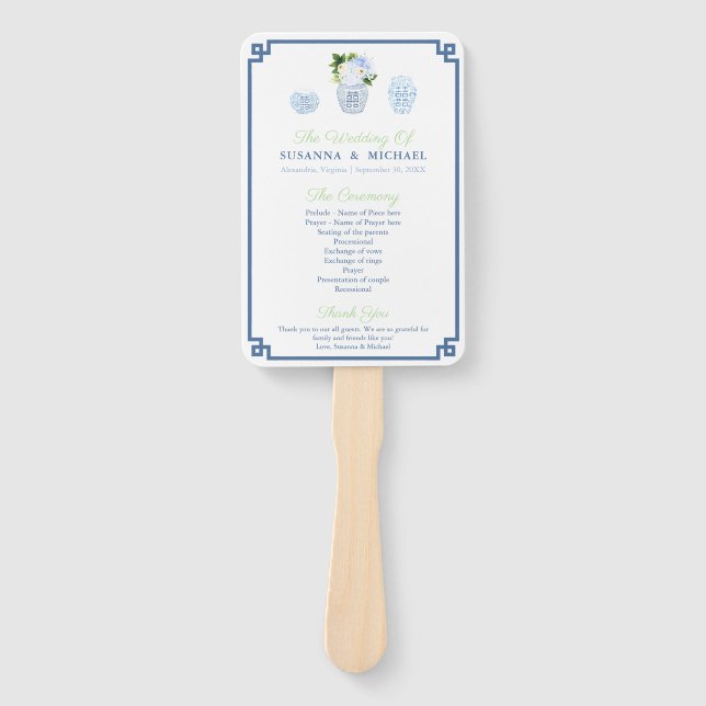 Navy Blue And Chartreuse Chinoiserie Chic Wedding  Hand Fan (Front)