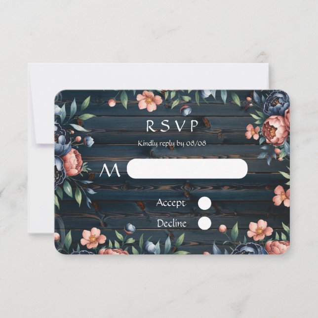 Navy Blue and Copper Peony Bouquet Wood Wedding RSVP Card (Front)