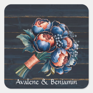 Navy Blue and Copper Peony Bouquet Wood Wedding Square Sticker