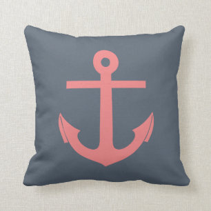 Navy Blue and Coral Anchor Nautical Cushion