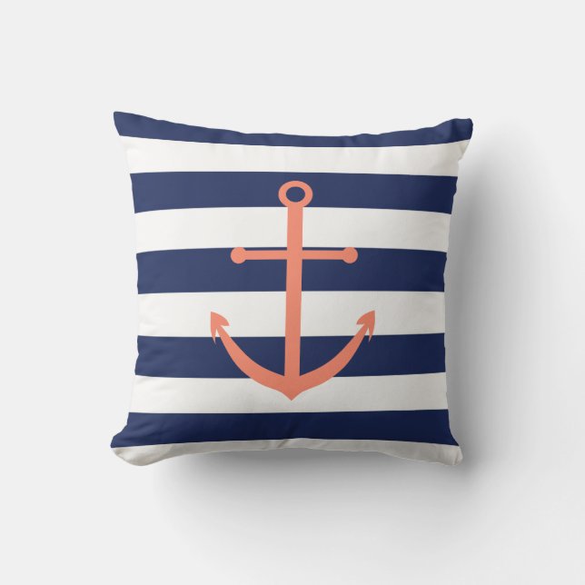 Navy Blue and Coral Anchor Pillow (Front)