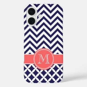 Navy Blue and Coral Chevron Custom Monogram iPhone 16 Case