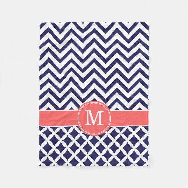 Navy Blue and Coral Chevron Custom Monogram Fleece Blanket (Front)