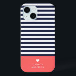 Navy Blue and Coral Chic Stripes Heart Monogram iPhone 15 Case<br><div class="desc">Stylish custom phone case in coral, navy blue and white colours. This design features a preppy classic navy and white striped pattern. Personalise it with your name monogram or other custom text with a cute heart symbol. Use the design tools to choose any background colours, edit the text fonts and...</div>
