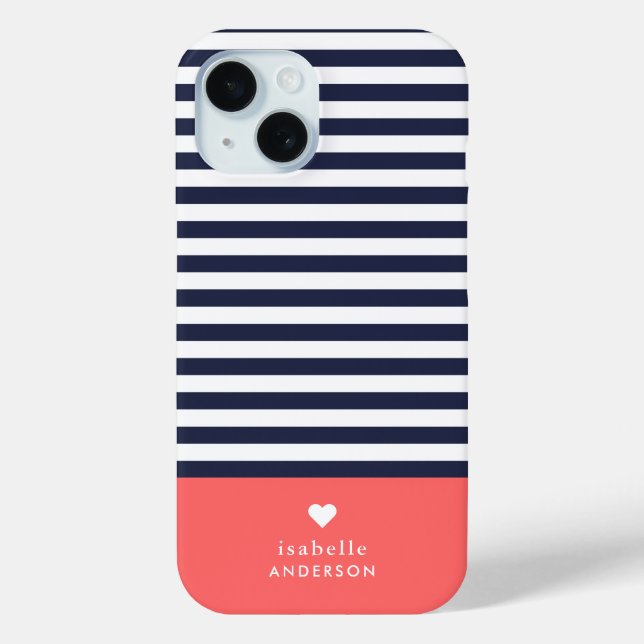 Navy Blue and Coral Chic Stripes Heart Monogram Case-Mate iPhone Case (Back)