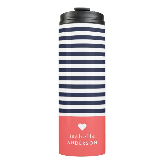Navy Blue and Coral Chic Stripes Heart Monogram Thermal Tumbler (Front)