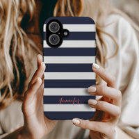 Navy Blue and Coral Classic Stripes Monogram