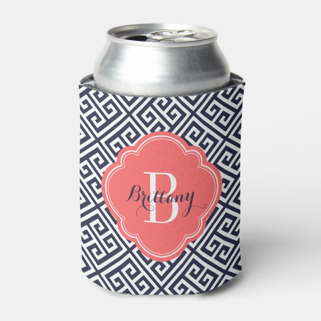 Navy Blue and Coral Greek Key Monogram Can Cooler (Can Front)
