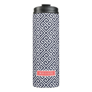 Navy Blue and Coral Greek Key Monogram Thermal Tumbler