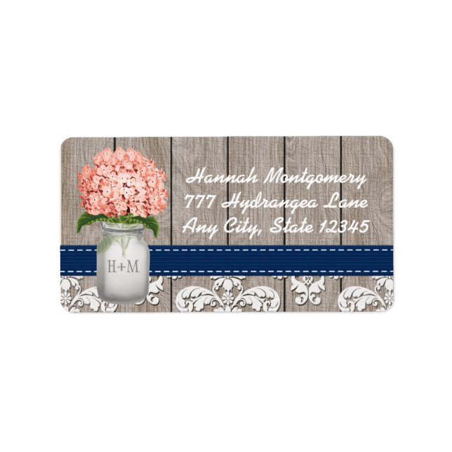 Navy Blue and Coral Hydrangea Monogram Mason Jar Label (Front)