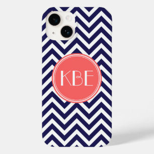 Navy Blue and Coral Modern Chevron Custom Monogram Case-Mate iPhone 14 Case