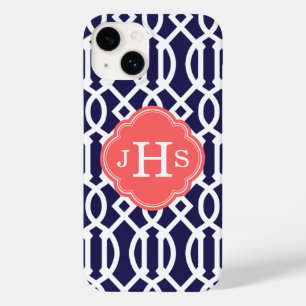 Navy Blue and Coral Modern Trellis Monogram Case-Mate iPhone 14 Case
