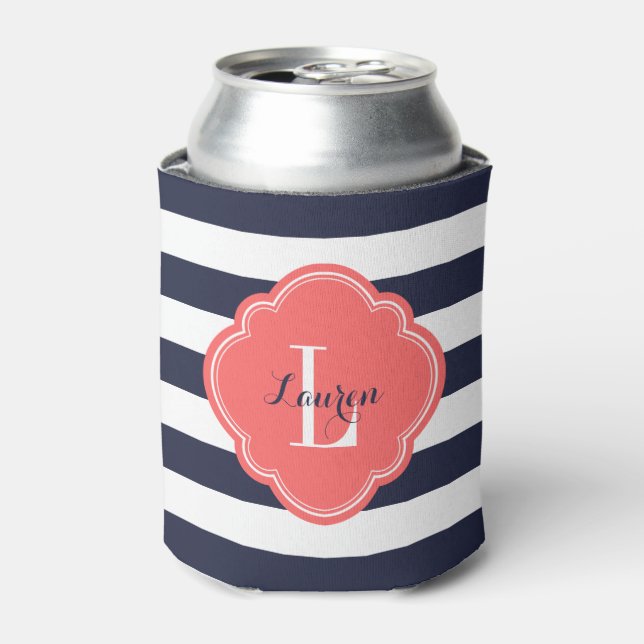 Navy Blue and Coral Preppy Stripes Monogram Can Cooler (Can Front)