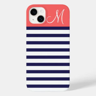 Navy Blue and Coral Preppy Stripes Monogram Case-Mate iPhone 14 Plus Case