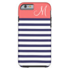 Navy Blue and Coral Preppy Stripes Monogram