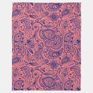 Navy Blue And Coral-Red Floral Paisley Fleece Blanket