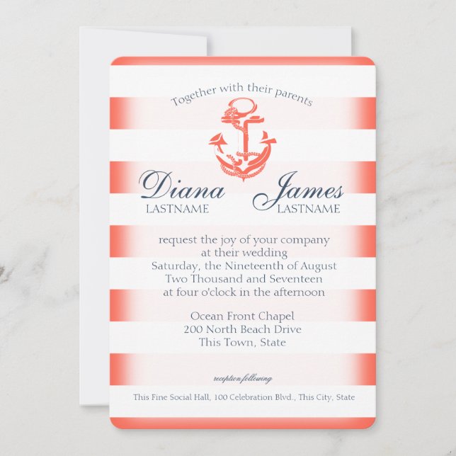 Navy Blue and Coral Stripe Nautical Wedding Invitation (Front)