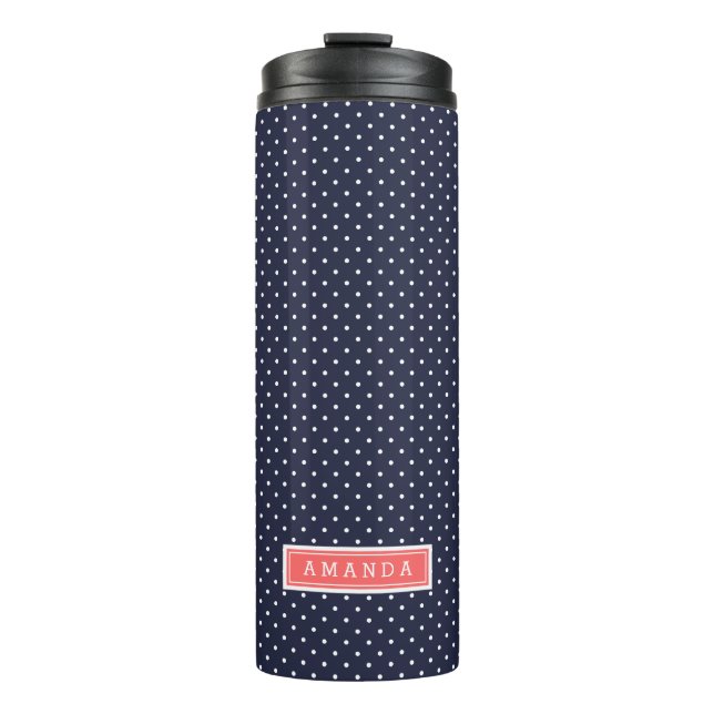 Navy Blue and Coral Tiny Dots Monogram Thermal Tumbler (Front)
