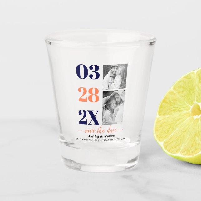 Navy blue and coral two photo Save the Date Shot Glass (Front)