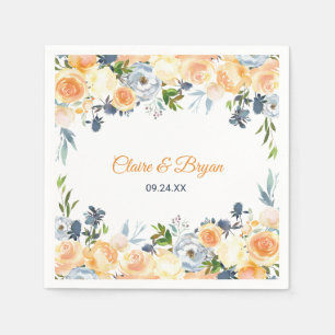 Navy Blue and Coral Watercolor Floral Wedding Napkin