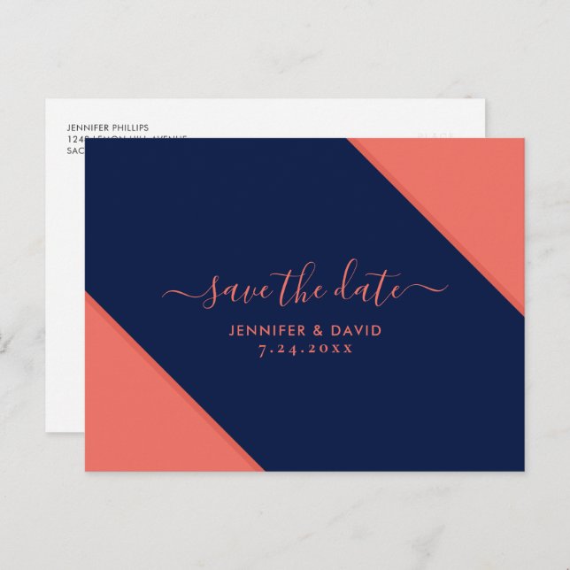 Navy Blue and Coral Wedding Save The Date Announcement Postcard (Front/Back)
