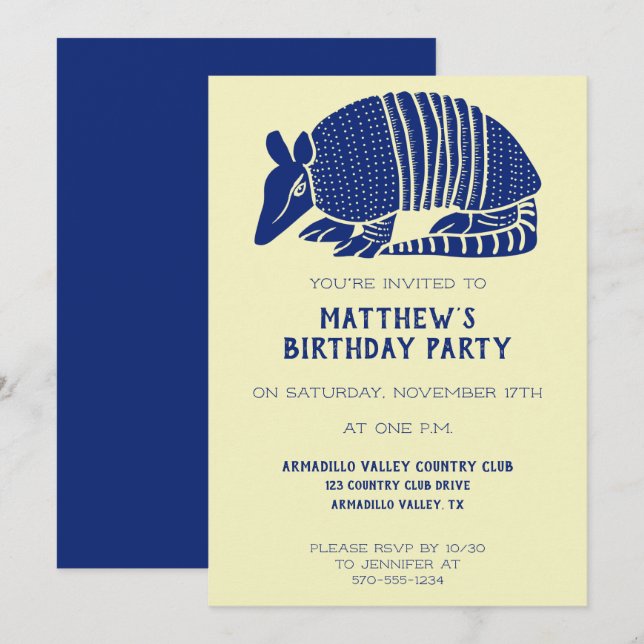 Navy Blue and Cream Armadillo Personalised Party Invitation (Front/Back)